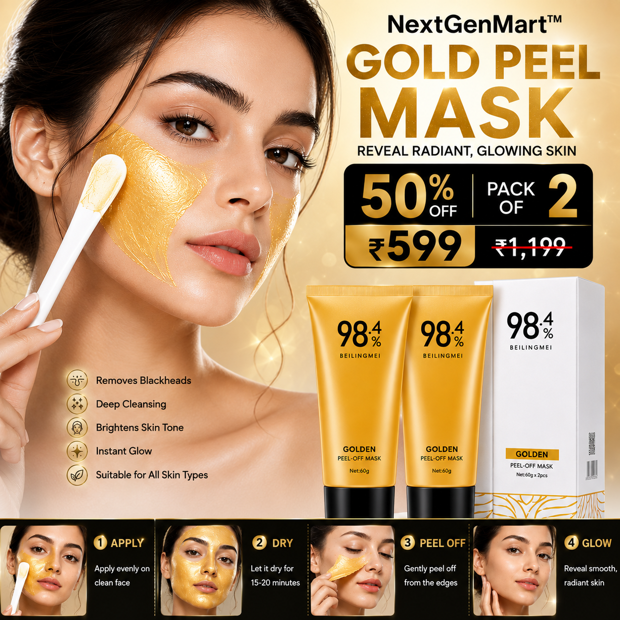 NextGenMart™ Magical Gold Peel Mask – Pack of 2